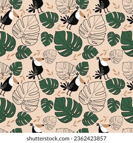 Vector seamless pattern with bird toucan, bubbles and green monstera leaves in line style on beige background