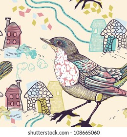 vector seamless pattern with birds and abstract houses
