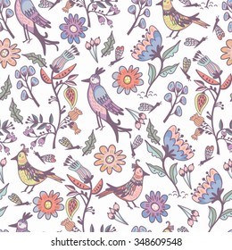 Vector seamless pattern of birds and amazing flowers like from fairy tale in gentle trendy color palette 2016.