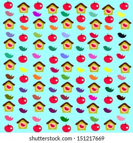 vector seamless pattern with Birds and apples.