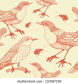 vector seamless pattern with birds and beetles