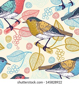 vector  seamless pattern with birds and berries