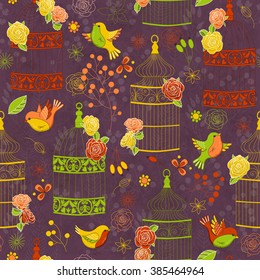 Vector seamless pattern with birds, birdcages and flowers. Colorful illustration on dark background. Perfect for invitations, wallpapers, manufacture wrapping paper, textile, wedding and web design.