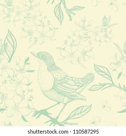 vector seamless pattern with birds and blooming apple tree