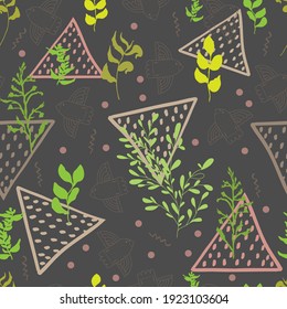 vector seamless pattern of birds, branches, leaves and abstract triangles, zigzags with dots.Background for fabric, textile, wallpaper, paper, spring invitations and cards