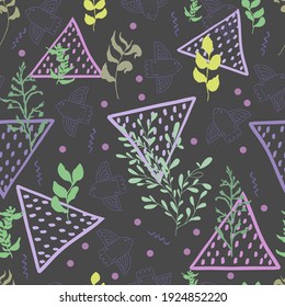 vector seamless pattern of birds, branches, leaves and abstract triangles, zigzags with dots.Background for fabric, textile, wallpaper, paper, spring invitations and cards