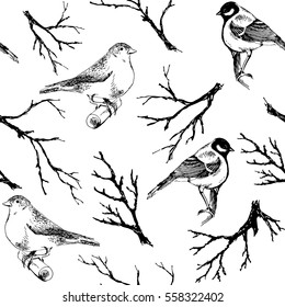 Vector seamless pattern with birds and branches