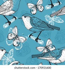 vector seamless pattern with birds and butterflies