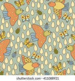 vector seamless pattern with birds, butterflies,  bugs and drops on light beige background