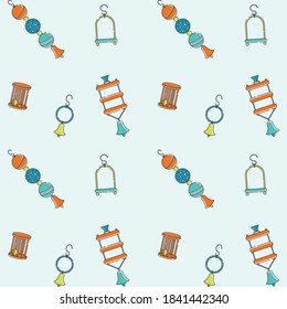 Image vectorielle motif harmonieux d'oiseaux, de canaris et de jouets de perroquets. Une cloche, une boule de tintement, une échelle, une balançoire. Arrière-plan pour une boutique d'animaux de compagnie, zoo, vétérinaire, chenil. Illustration stylisée aux couleurs vives. 