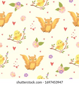Vector seamless pattern with birds, chicken, owl, flowering branches. Cute characters for kids.