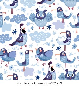 Vector seamless pattern of birds, clouds and stars in cartoonish style.