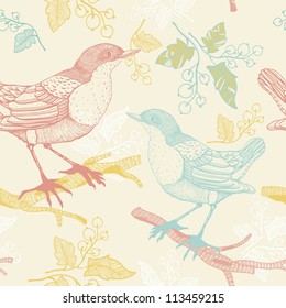 vector seamless pattern with birds and currant berries