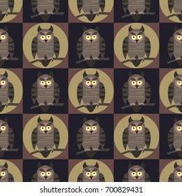Vector seamless pattern with birds. Cute owls on the branches.