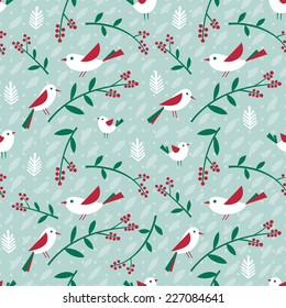 Vector seamless pattern with birds and different floral elements: leaves, berries, branches. 