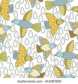 vector seamless pattern with birds and drops on white background