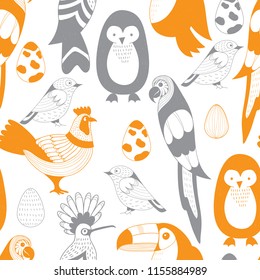 Vector Seamless Pattern with birds and eggs. Parrot, toucan, hoopoy, rooster, penguin, sparrow. Scandinavian style.
