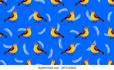 Vector seamless pattern with birds and feathers.