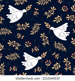 Vector seamless pattern with birds, floral ornament and berries. Doves of peace. For textiles, clothing, bed linen.