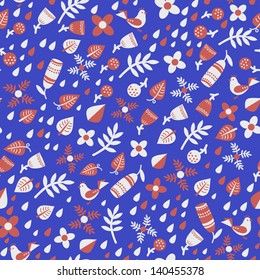 Vector seamless pattern with birds, flowers and leaves.