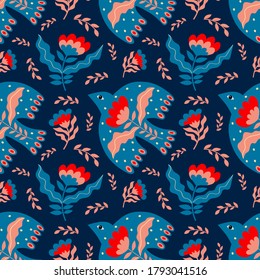 Vector seamless pattern of birds and flowers in folk art. For sublimation design, printing, poster design, postcard making, stationery, fabric printing, blog design, logos, packaging.