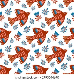Vector seamless pattern of birds and flowers in folk art. For sublimation design, printing, poster design, postcard making, stationery, fabric printing, blog design, logos, packaging.
