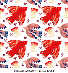 Vector seamless pattern of birds and flowers in folk art. For sublimation design, printing, poster design, postcard making, stationery, fabric printing, blog design, logos, packaging.