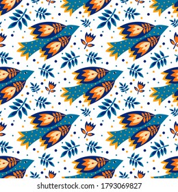 Vector seamless pattern of birds and flowers in folk art. For sublimation design, printing, poster design, postcard making, stationery, fabric printing, blog design, logos, packaging.