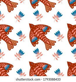 Vector seamless pattern of birds and flowers in folk art. For sublimation design, printing, poster design, postcard making, stationery, fabric printing, blog design, logos, packaging.