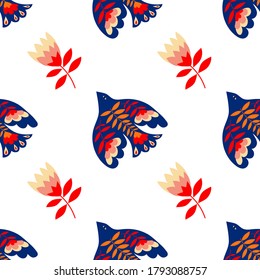 Vector seamless pattern of birds and flowers in folk art. For sublimation design, printing, poster design, postcard making, stationery, fabric printing, blog design, logos, packaging.