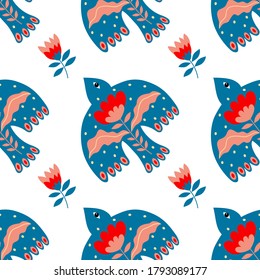 Vector seamless pattern of birds and flowers in folk art. For sublimation design, printing, poster design, postcard making, stationery, fabric printing, blog design, logos, packaging.