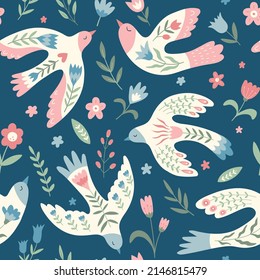 Vector seamless pattern with  birds, flowers, leaves, berries  in folklore style. Doves of peace. Doodle illustrations with stylized decorative floral elements. For textiles, clothing, bed linen.