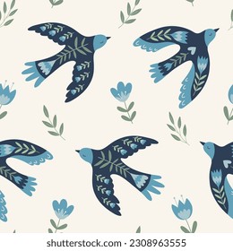 Vector seamless pattern with  birds, flowers, leaves in folklore style. Doves of peace. Doodle illustrations with stylized decorative floral elements. For textiles, clothing, bed linen.