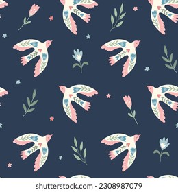 Vector seamless pattern with  birds, flowers, leaves in folklore style. Doves of peace. Doodle illustrations with stylized decorative floral elements. For textiles, clothing, bed linen.