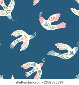Vector seamless pattern with  birds, flowers, laurel branches in folklore style. Doves of peace. Doodle illustrations with stylized decorative floral elements. For textiles, clothing, bed linen.