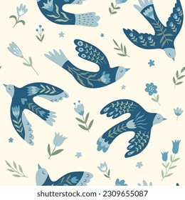 Vector seamless pattern with  birds, flowers, leaves in folklore style. Doves of peace. Doodle illustrations with stylized decorative floral elements. For textiles, clothing, bed linen.