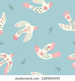 Vector seamless pattern with  birds, flowers, leaves in folklore style. Doves of peace. Doodle illustrations with stylized decorative floral elements. For textiles, clothing, bed linen.