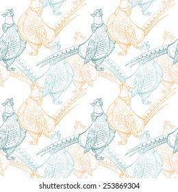 Vector seamless pattern with birds. Pattern with flowers and pheasants