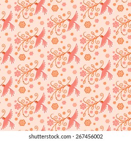 Vector seamless pattern with birds, flowers, leaves. Flying bird with blooming branch in beak. Cute floral pink illustration for print, web