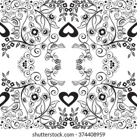 Vector seamless pattern with birds, flowers, leaves, branches, decorative elements on a white background. Can be used to design the fabric, wrapping paper, coloring book, etching and other.