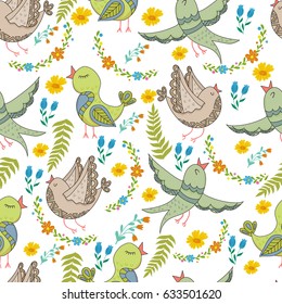 Vector seamless pattern of birds and flowers in cartoonish style