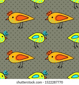 Vector seamless pattern with birds.  Funny chick. Hand made sketch. Children's drawing style.