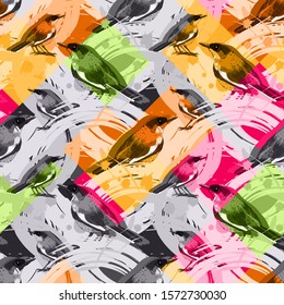 Vector seamless pattern with birds. Hand drawn illustration of birdie and transparent geometric elements.