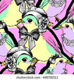 Vector seamless pattern with birds in a hats 