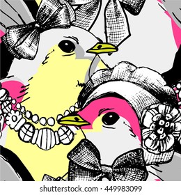 Vector seamless pattern with birds and hats 2