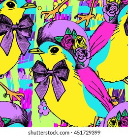 Vector seamless pattern with birds in a hats. 