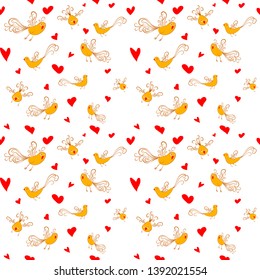 Vector seamless pattern with birds and hearts.