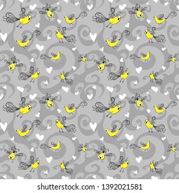 Vector seamless pattern with birds and hearts.