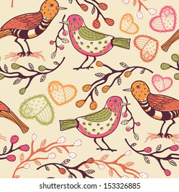 vector   seamless pattern with birds and hearts