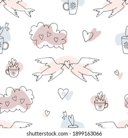 Vector seamless pattern with birds, hearts, cups. Hand drawn linear illustration. Repeat ornament is perfect for valentine, cafe, engagement, betrothal, marriage, wedding banner, fabric textile